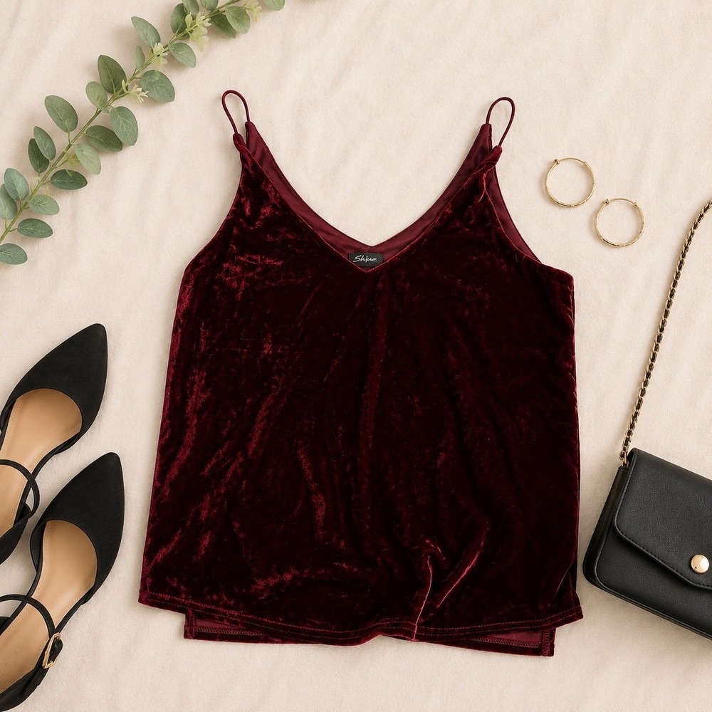 Shinestar Womens Velvet V-Neck Camisole Spaghetti Strap Burgundy Red Top Size M